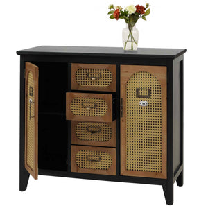 Apothekerkommode Sideboard Schrank Staufächer Schubladen Vintage Rattanoptik 80x91x40cm schwarz