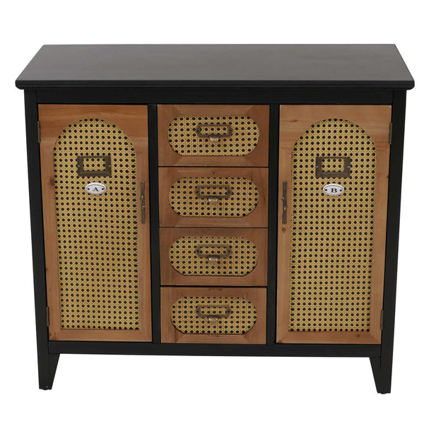 Apothekerkommode Sideboard Schrank Staufächer Schubladen Vintage Rattanoptik 80x91x40cm schwarz