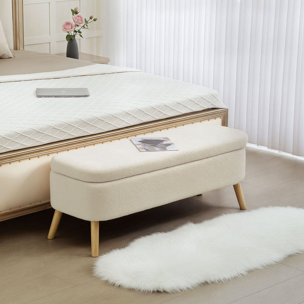 Aufbewahrungsbank Sitzbank mit Stauraum Teddy-Fleece Holz beige