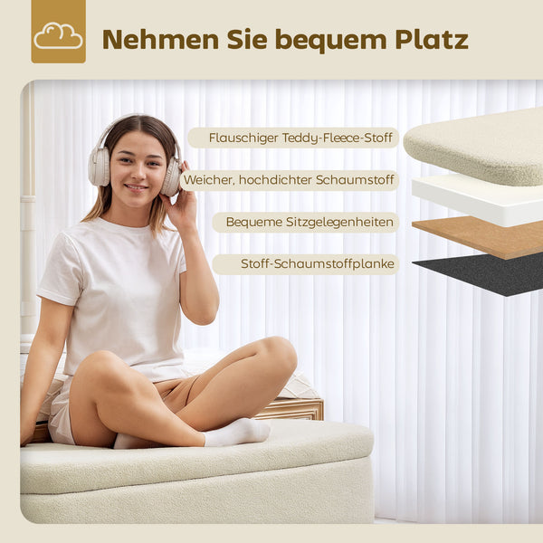 Aufbewahrungsbank Sitzbank mit Stauraum Teddy-Fleece Holz beige