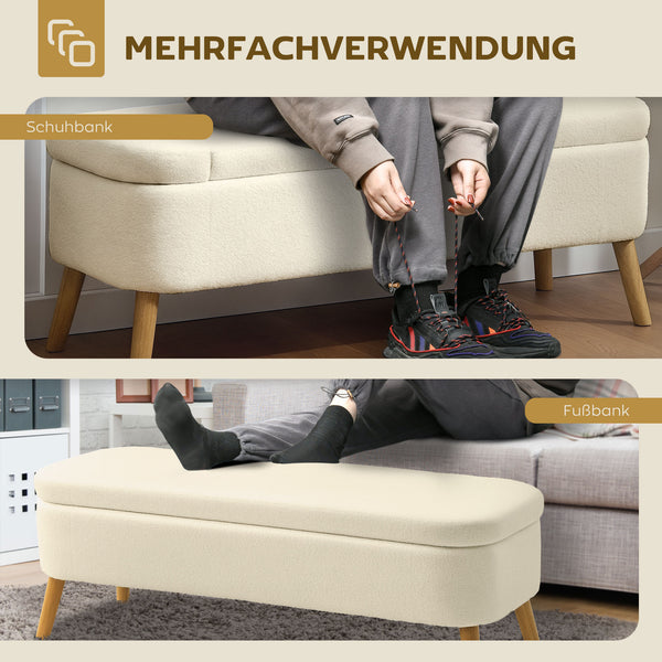 Aufbewahrungsbank Sitzbank mit Stauraum Teddy-Fleece Holz beige