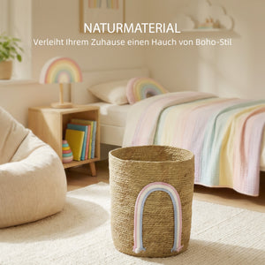 Aufbewahrungskorb geflochten mit Regenbogenmotiv gross natur