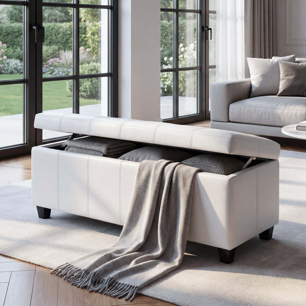 Aufbewahrungstruhe Sitzbank Leder Kunstleder 112x45x45cm weiss