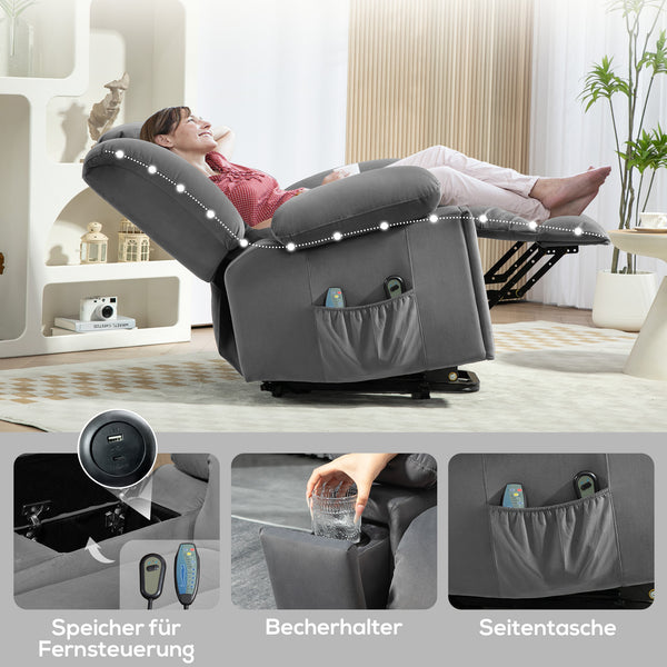 Aufstehsessel elektrisch mit Samtbezug und USB für Senioren