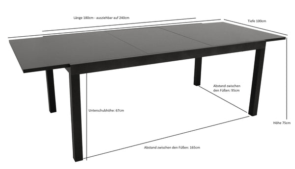 Gartentisch Ausziehtisch ELBA 180/240x100cm Alu Glas Schwarz