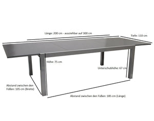 Ausziehtisch MARINA 200/300x110cm, Aluminium + Glas