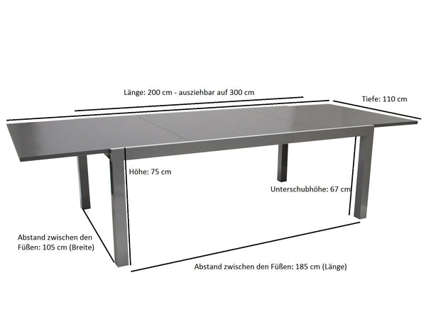 Ausziehtisch MARINA 200/300x110cm, Aluminium + Glas
