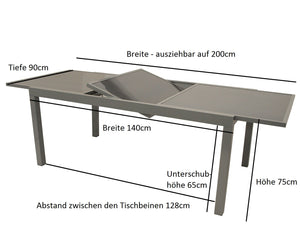 Ausziehtisch PISA 140/200x90cm, Aluminium + Glas