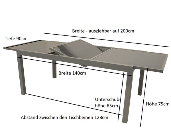 Ausziehtisch PISA 140/200x90cm, Aluminium + Glas