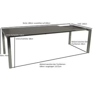 Ausziehtisch SYDNEY 180/240x100cm, Edelstahl gebürstet + Glas in 3D Keramik anthrazit