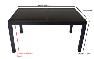 Ausziehtisch TORINO 150/210x90cm, Aluminium + Glas schwarz