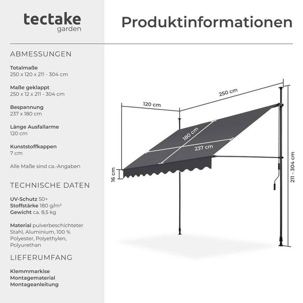 Klemmmarkise schwarz/grau 250 x 180 cm