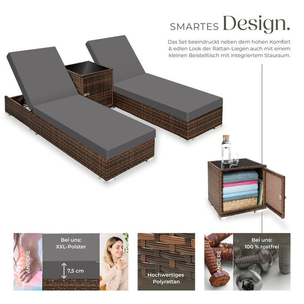 2 aluminium polyrattan sun loungers + table, brown