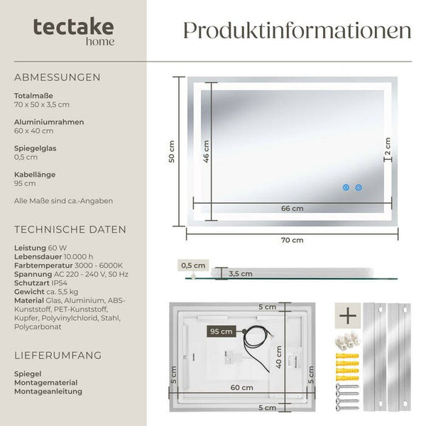 Rechteckiger LED Badezimmerspiegel Clara 50 x 70 cm