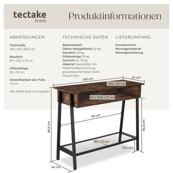 Konsolentisch Tralee 100x35x80,5cm Industrial dunkelbraun