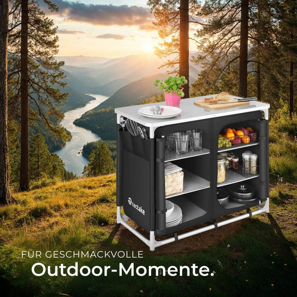 Campingschrank Deluxe mit Aluminiumgestell und 6 Fächern schwarz