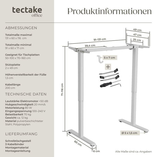 Schreibtischgestell Thor elektrisch höhenverstellbar weiss