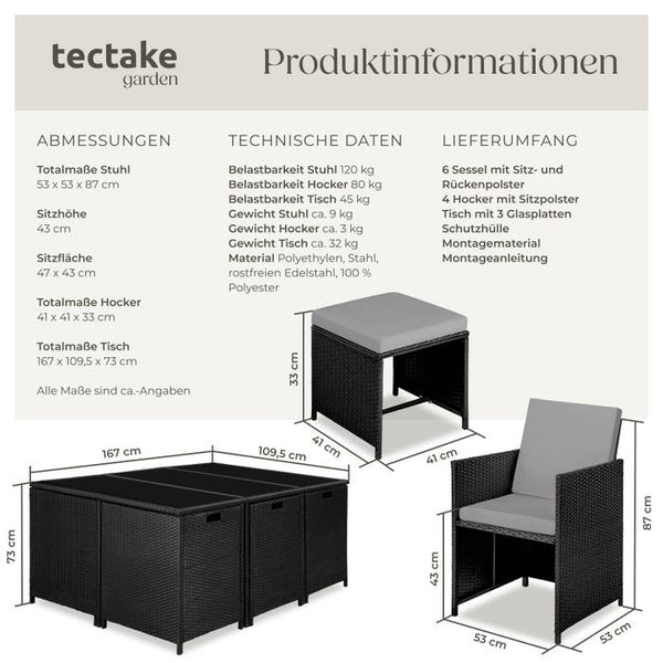 Rattan Sitzgruppe Malaga 6+4+1 mit Schutzhülle - schwarz/grau