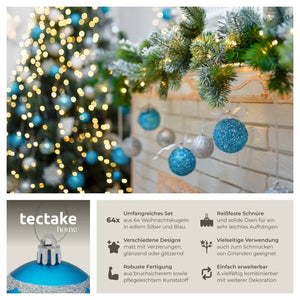 64er Set Weihnachtskugeln silber/blau