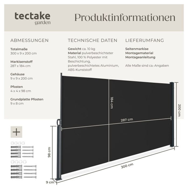 Seitenmarkise schwarz 300 x 200 cm