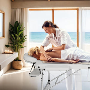 3 Zonen Massageliege mit 5cm Polsterung und Aluminiumgestell weiss