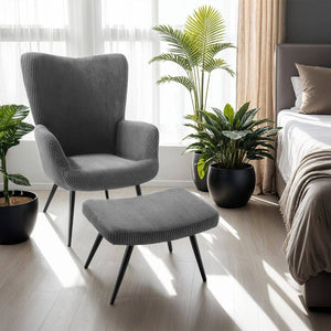 Sessel Hygge gepolstert, ergonomisch, Belastbarkeit 150 kg Breitcord anthrazit/schwarz mit Hocker