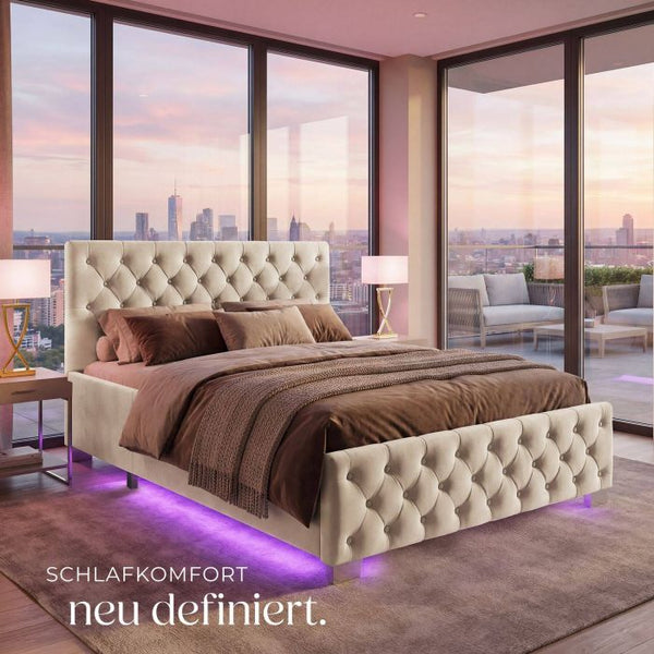 Bettset Polsterbett mit LED und Matratze Samtoptik sand 180 x 200 cm