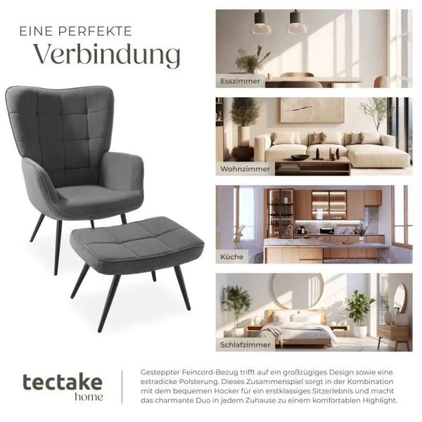 Sessel Hygge mit Hocker Feincord anthrazit/schwarz
