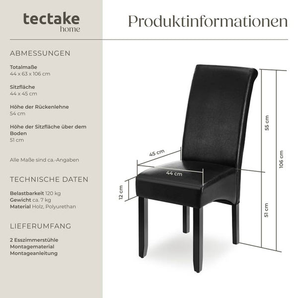 2 chaises de salle à manger avec assise ergonomique, noires