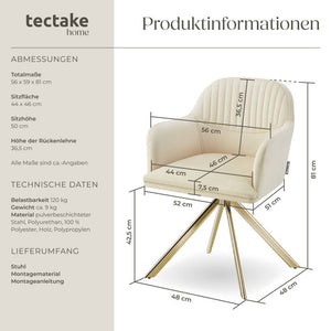 Samt-Drehstuhl Lona créme/gold pro Stück
