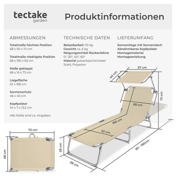 Gartenliege 4-stufig mit Kopfpolster, beige