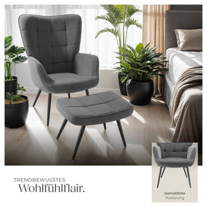 Sessel Hygge gepolstert, ergonomisch, Belastbarkeit 150 kg Feincord anthrazit/schwarz mit Hocker