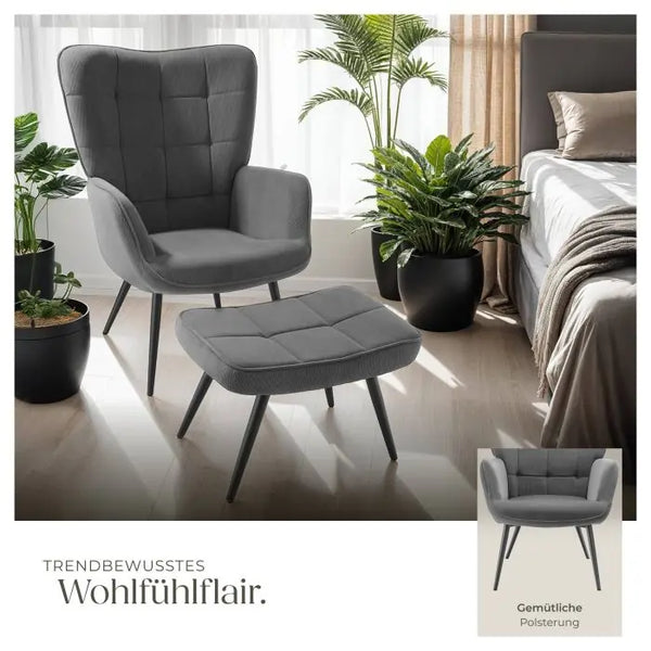 Sessel Hygge mit Hocker Feincord anthrazit/schwarz