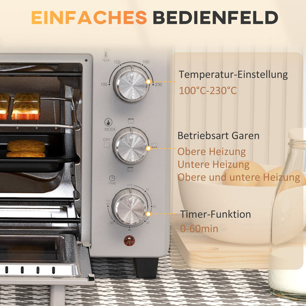 Backofen Minibackofen 21L 100-230°C mit Timer Silber