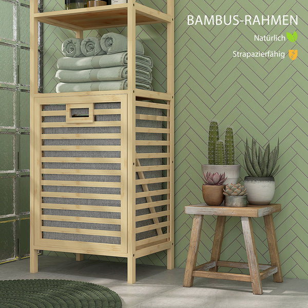Badezimmerregal mit Wäschesammler und 3 Ablagen aus Bambus
