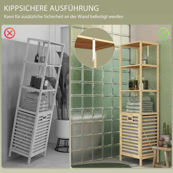 Badezimmerregal mit Wäschesammler und 3 Ablagen aus Bambus
