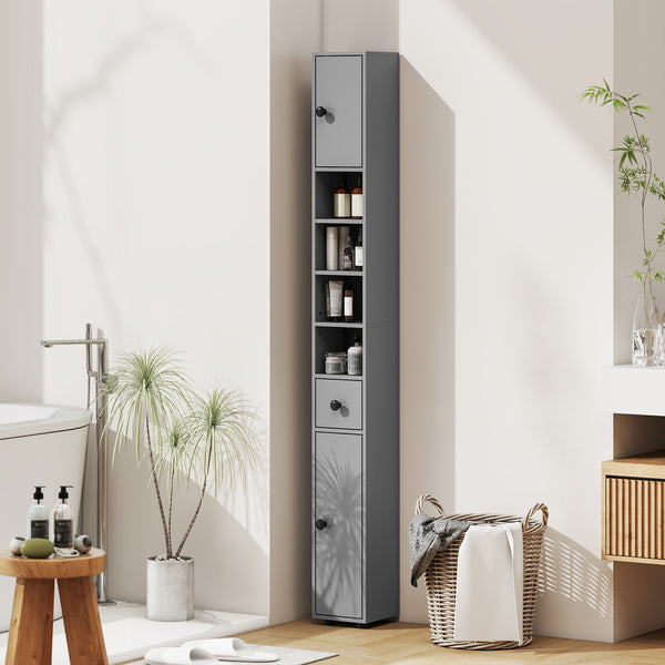 Badezimmerschrank schmal mit 4 Regalen und Schublade grau