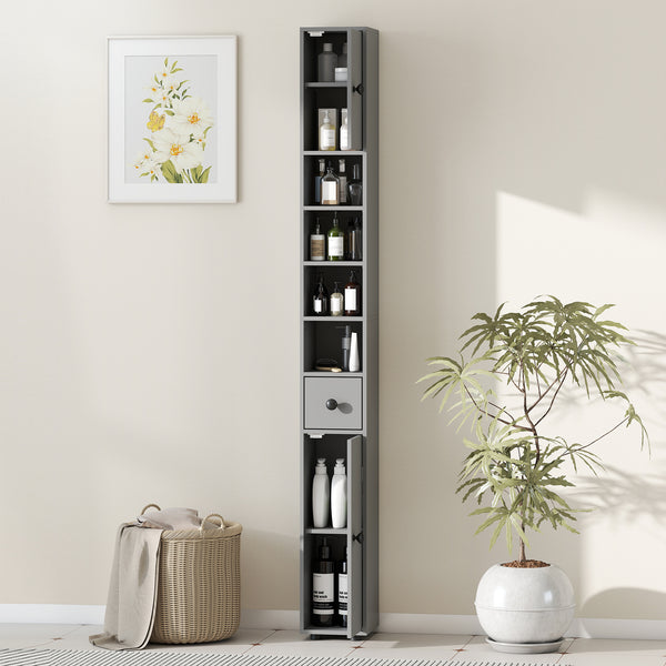 Badezimmerschrank schmal mit 4 Regalen und Schublade grau