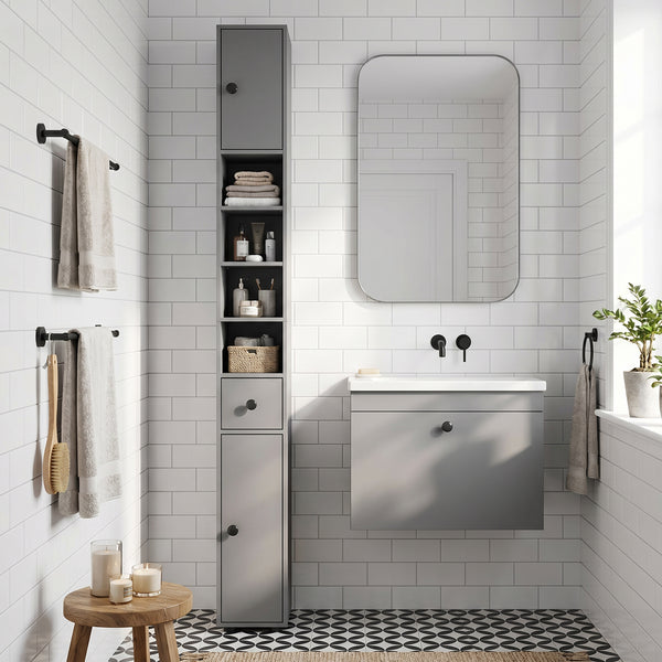 Badezimmerschrank schmal mit 4 Regalen und Schublade grau