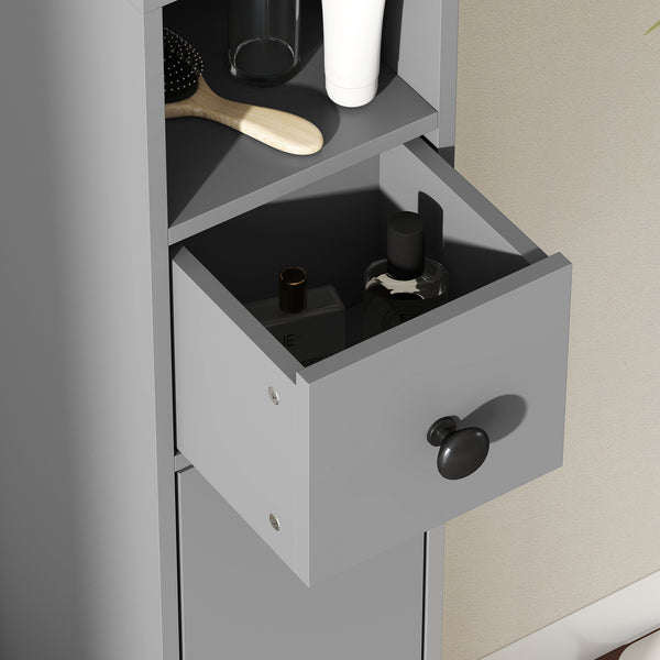 Badezimmerschrank schmal mit 4 Regalen und Schublade grau