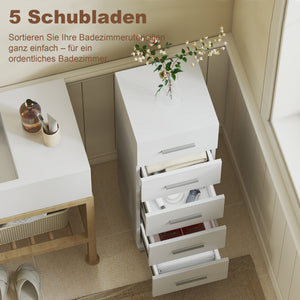 Badezimmerschrank schmal mit 5 Schubladen für Bad weiss