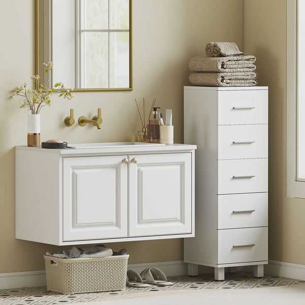Badezimmerschrank schmal mit 5 Schubladen für Bad weiss