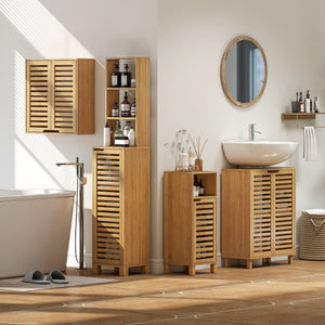 Badezimmerschrank mit Regal und Lamellentür aus Bambus hellbraun