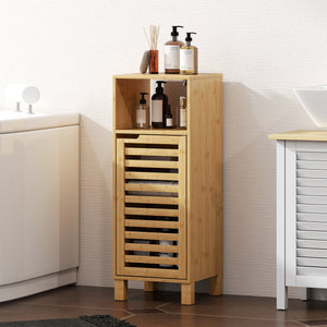 Badezimmerschrank mit Regal und Lamellentür aus Bambus hellbraun