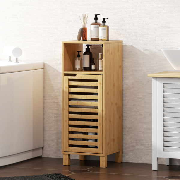 Badezimmerschrank mit Regal und Lamellentür aus Bambus hellbraun