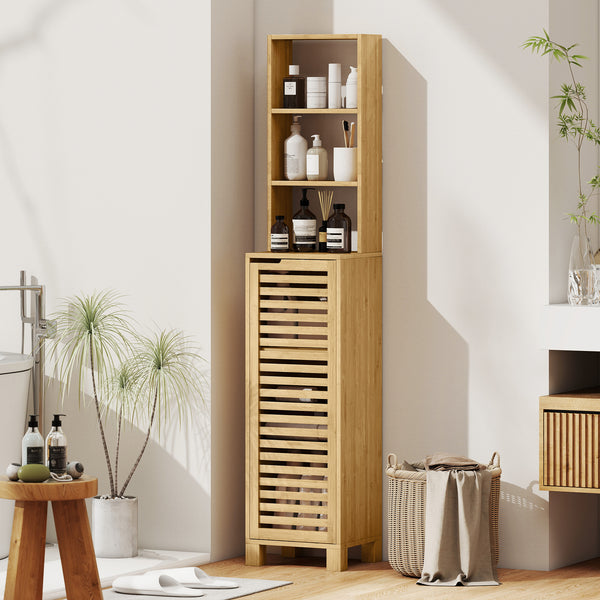Badezimmerschrank schmal mit Lamellentür und offenen Regalen natur