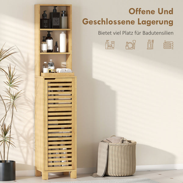 Badezimmerschrank schmal mit Lamellentür und offenen Regalen natur