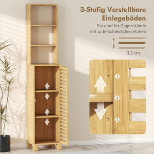 Badezimmerschrank schmal mit Lamellentür und offenen Regalen natur