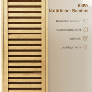 Badezimmerschrank schmal mit Lamellentür und offenen Regalen natur
