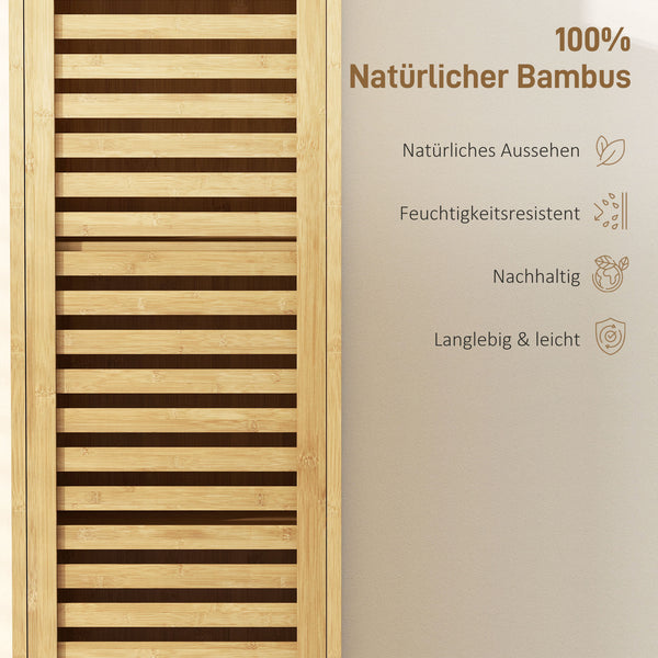 Badezimmerschrank schmal mit Lamellentür und offenen Regalen natur